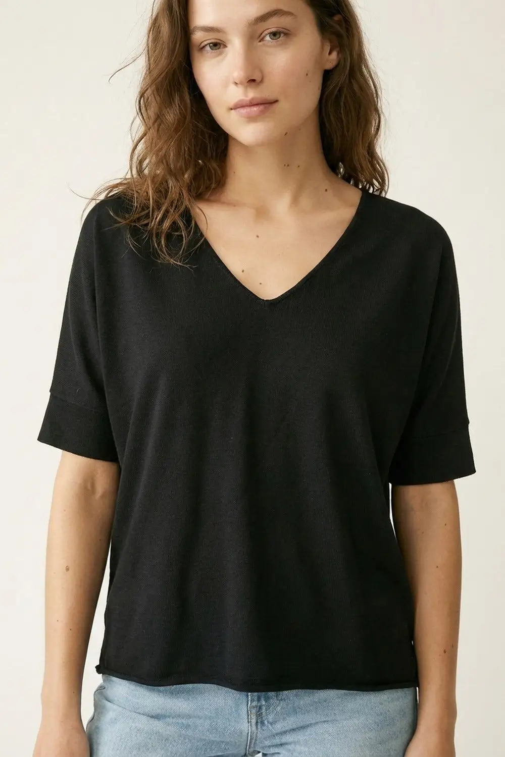 Black V-Neck Relaxed Fit Short Sleeve Top - BLACK / ONE - Sweaters