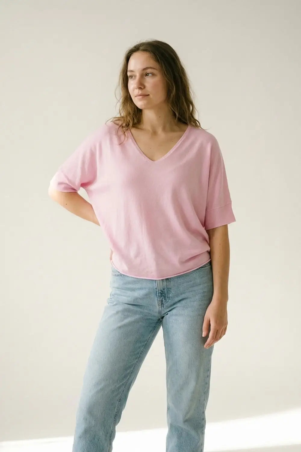 Pink V-Neck Relaxed Fit Soft Knit Sweater - PINK / ONE - Sweaters