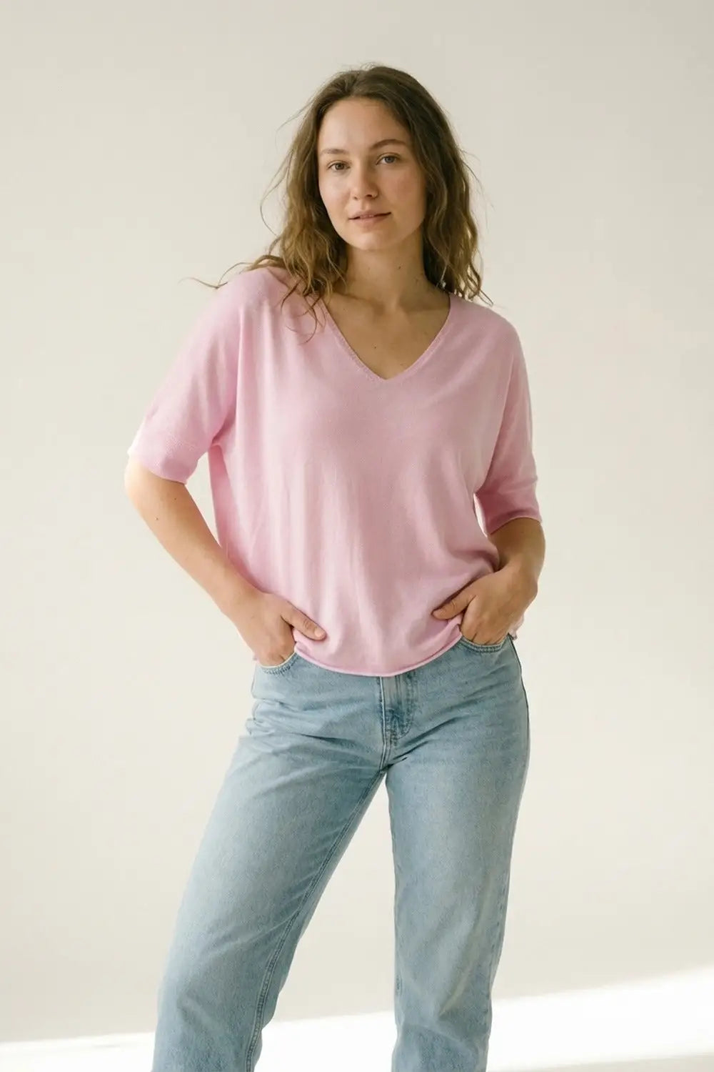 Pink V-Neck Relaxed Fit Soft Knit Sweater - PINK / ONE - Sweaters