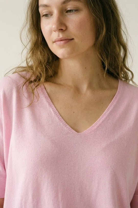 Pink V-Neck Relaxed Fit Soft Knit Sweater - PINK / ONE - Sweaters
