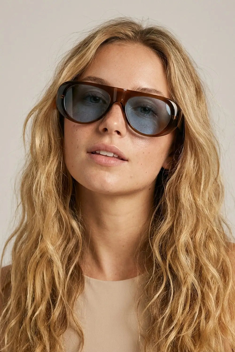 Brown Frame Blue Lens Oversize Sunglasses - BEIGE / ONE - Sunglasses