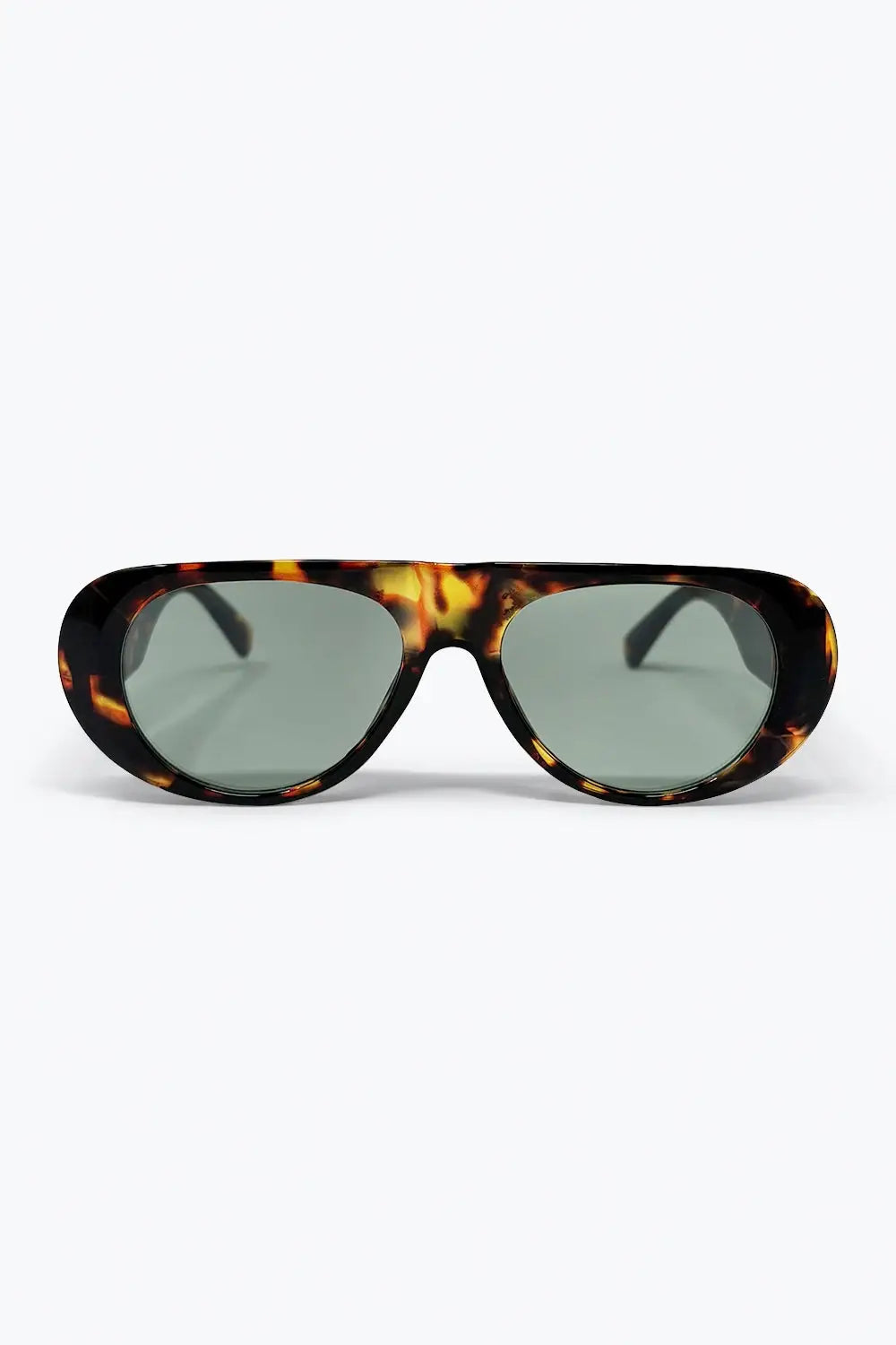 Tortoise Frame Wide Oval Sunglasses with Green Lens - BROWN / ONE - Sunglasses