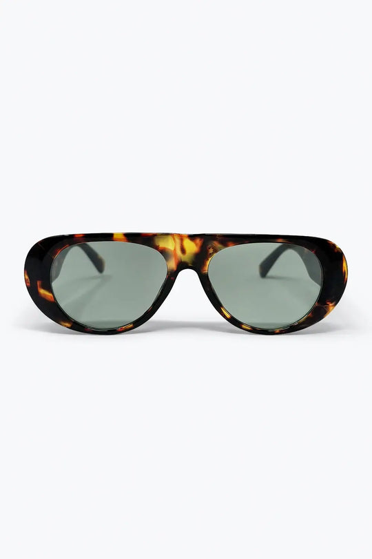 Tortoise Frame Wide Oval Sunglasses with Green Lens - BROWN / ONE - Sunglasses