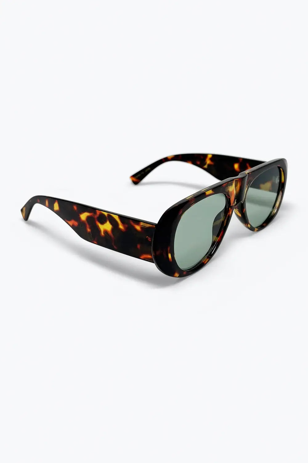 Tortoise Frame Wide Oval Sunglasses with Green Lens - BROWN / ONE - Sunglasses