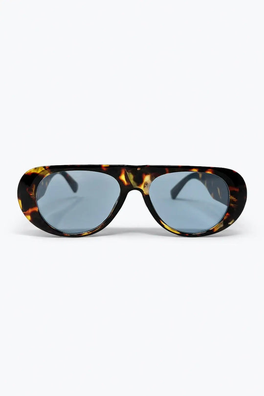 Tortoiseshell Round Frame Sunglasses with Blue Lenses - BROWN / ONE - Sunglasses