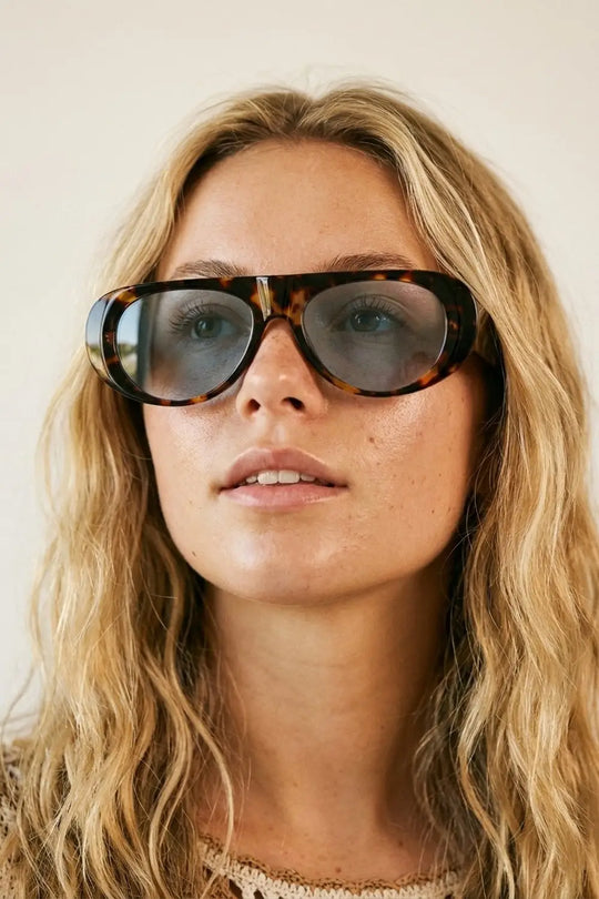 Tortoiseshell Round Frame Sunglasses with Blue Lenses - BROWN / ONE - Sunglasses