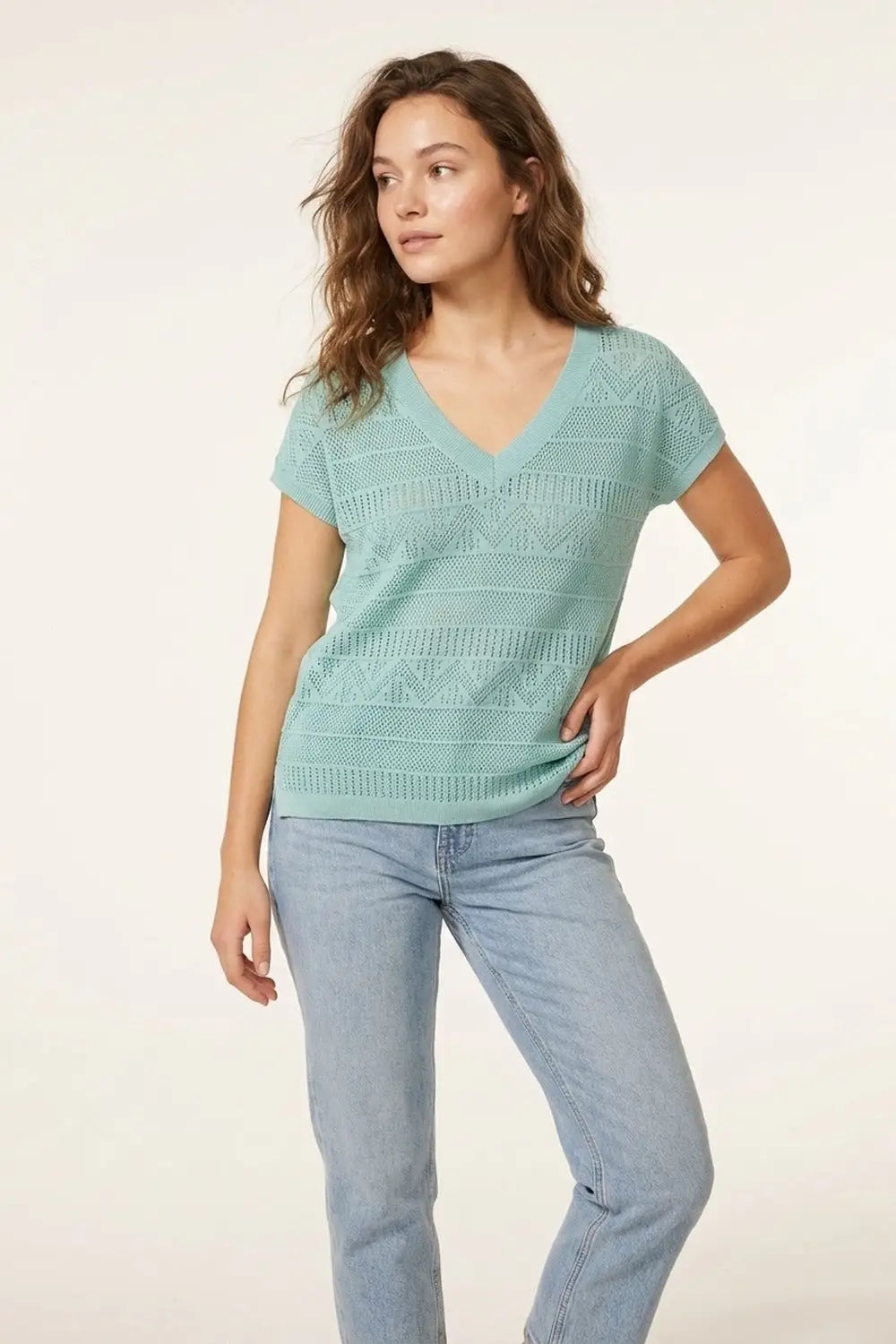 Light Blue Knit V-Neck Short Sleeve Sweater - GREEN / ONE - Tops