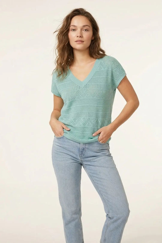 Light Blue Knit V-Neck Short Sleeve Sweater - GREEN / ONE - Tops