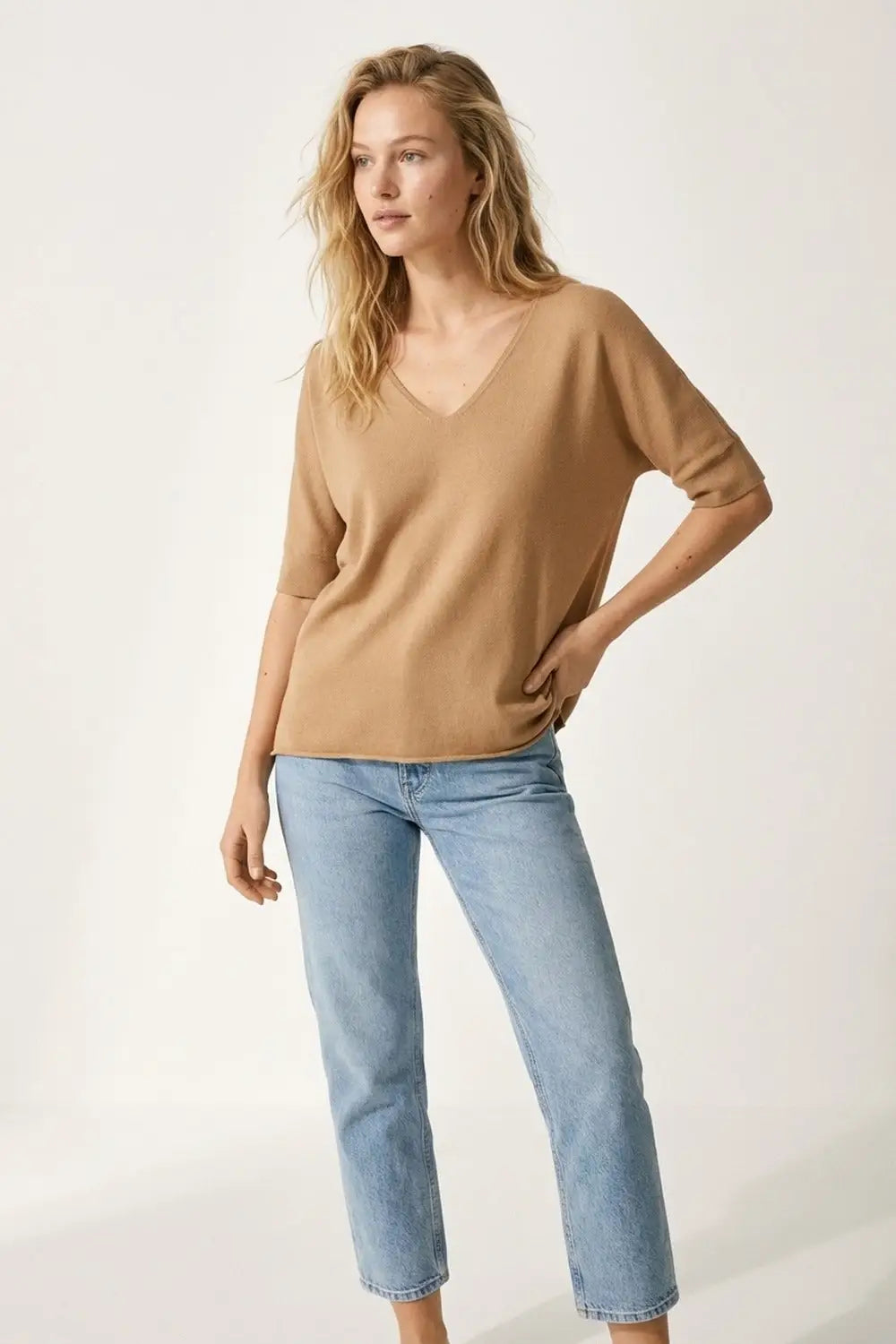 Camel V-Neck Knit Top with Elbow Sleeve - CAMEL / ONE - Tops