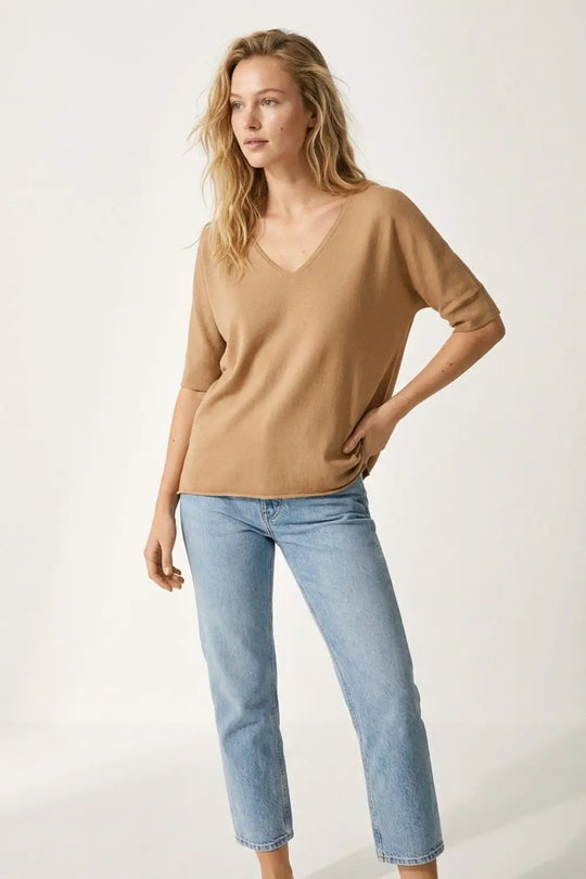 Camel V-Neck Knit Top with Elbow Sleeve - CAMEL / ONE - Tops