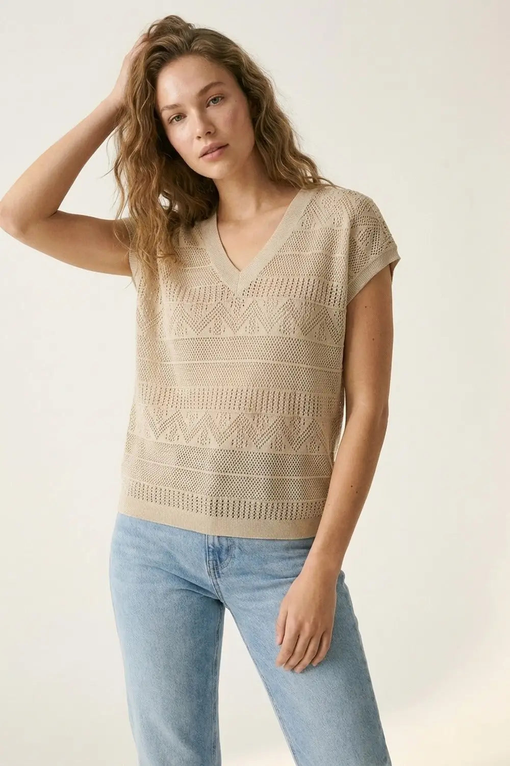 Beige Knit V-Neck Cap Sleeve Sweater Top - BEIGE / ONE - Tops