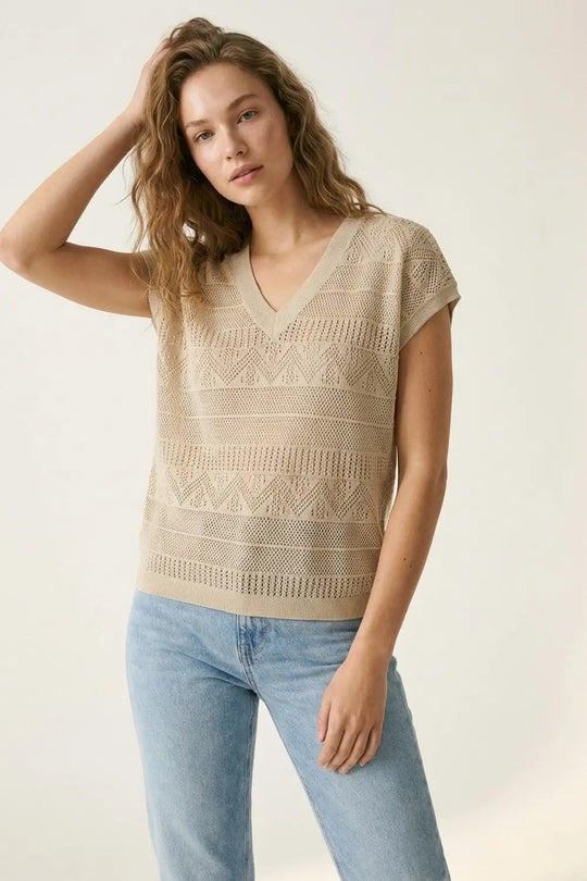 Beige Knit V-Neck Cap Sleeve Sweater Top - BEIGE / ONE - Tops