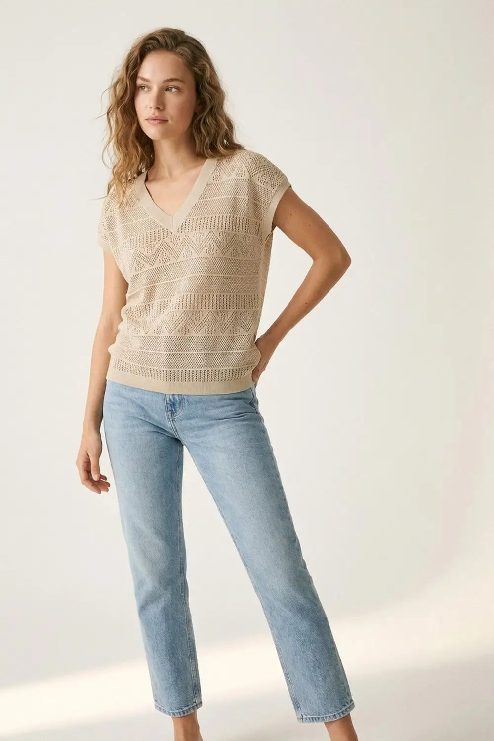 Beige Knit V-Neck Cap Sleeve Sweater Top - BEIGE / ONE - Tops