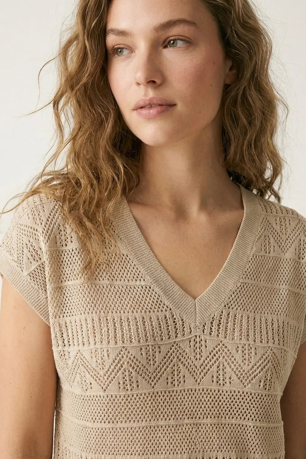 Beige Knit V-Neck Cap Sleeve Sweater Top - BEIGE / ONE - Tops