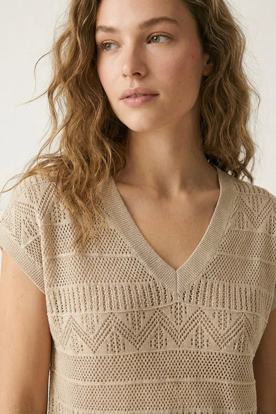 Beige Knit V-Neck Cap Sleeve Sweater Top - BEIGE / ONE - Tops