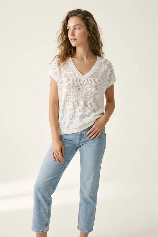 White Open Knit V-Neck Short Sleeve Sweater - WHITE / ONE - Tops