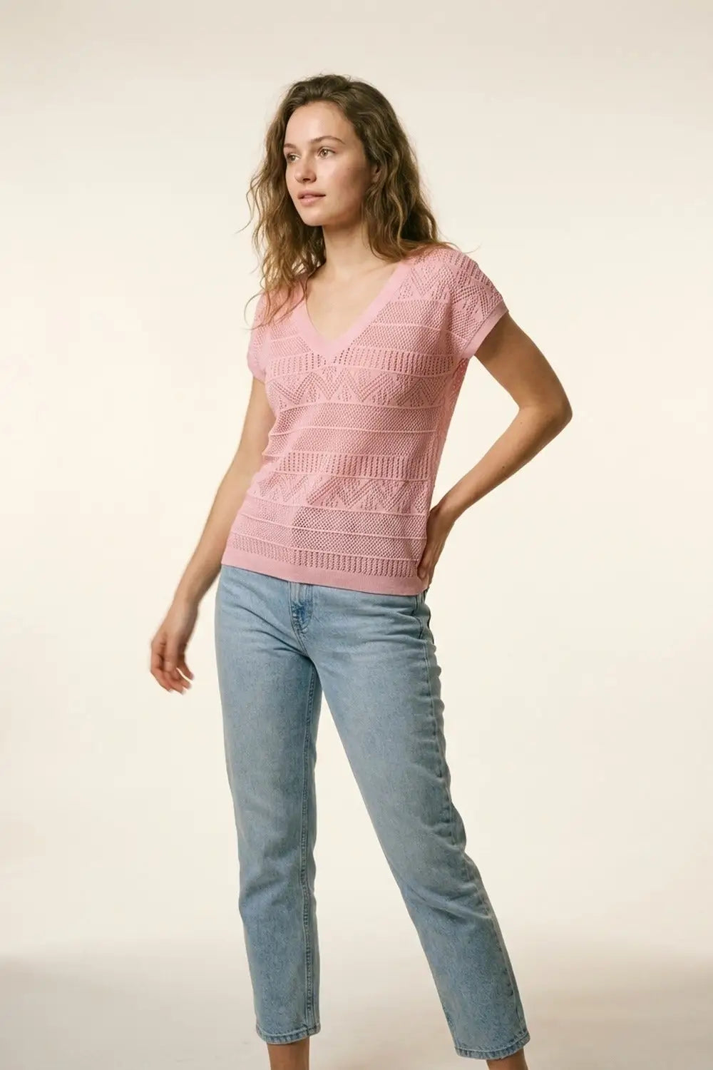 Pink V-Neck Knit Top with Patterned Texture - PINK / ONE - Tops