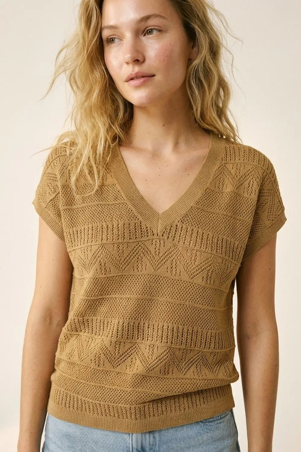 Camel Knit V-Neck Short Sleeve Sweater Vest - CAMEL / ONE - Sweaters