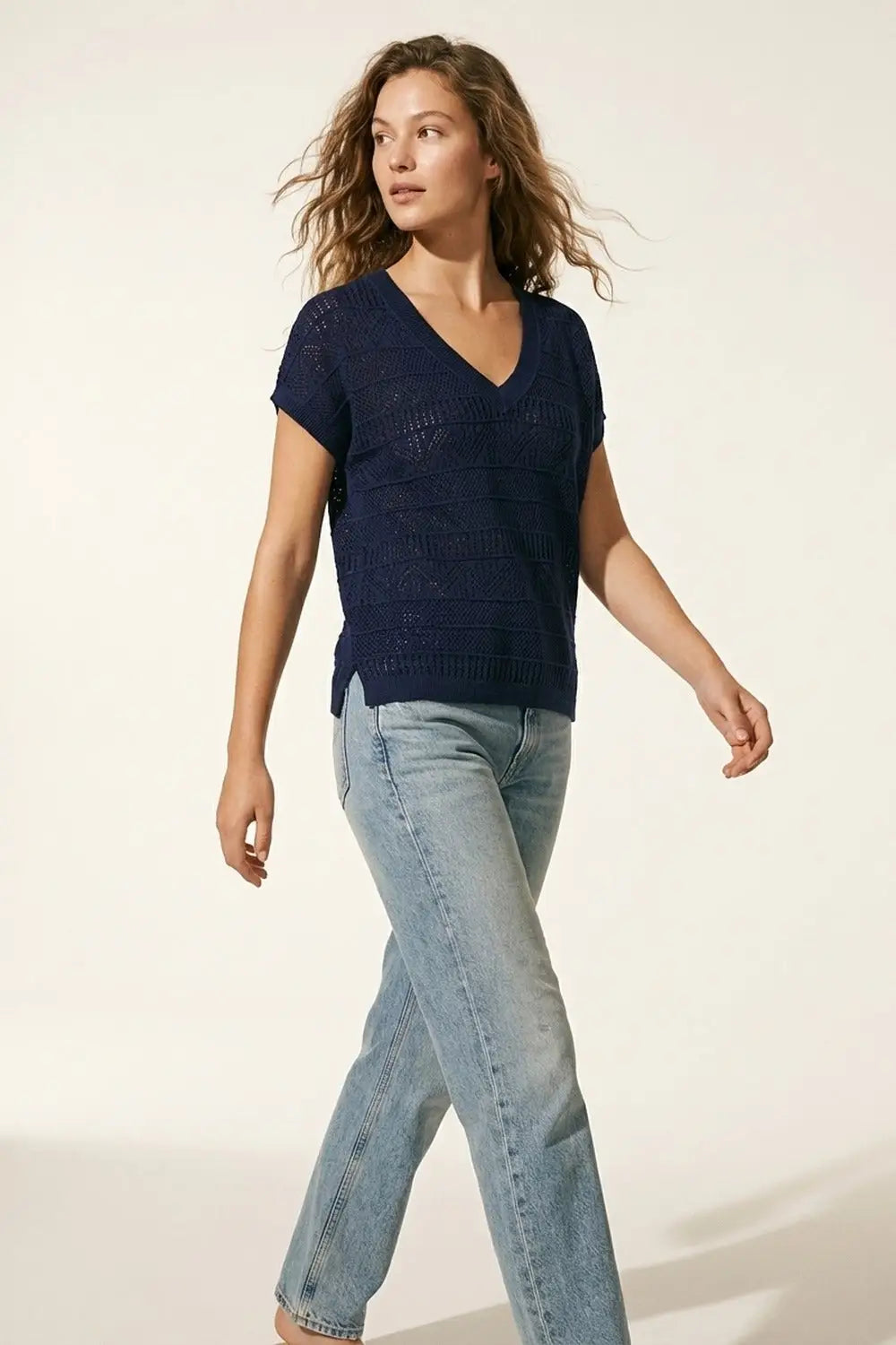 Navy V-Neck Knit Top with Lightweight Texture - NAVY / ONE - Tops