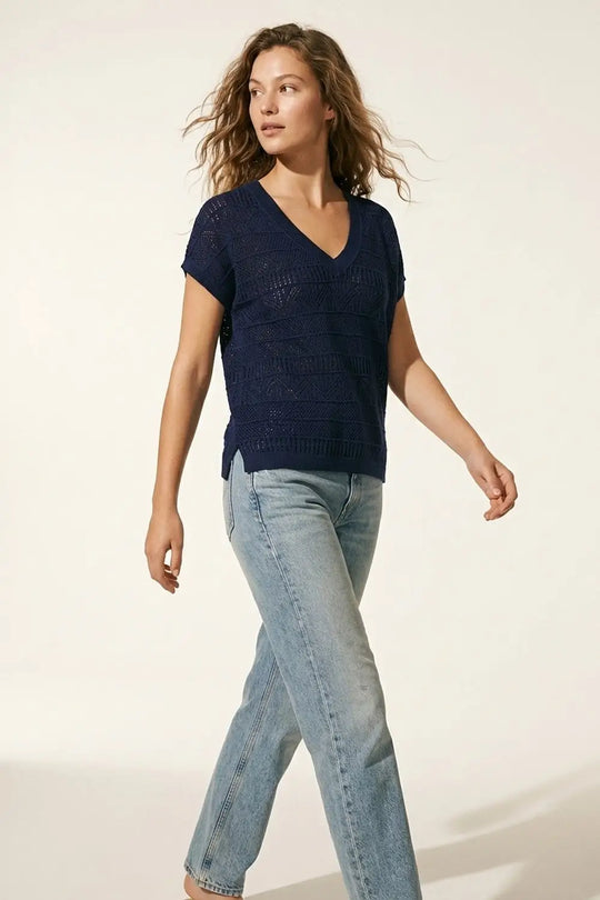 Navy V-Neck Knit Top with Lightweight Texture - NAVY / ONE - Tops