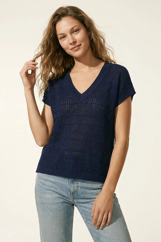 Navy V-Neck Knit Top with Lightweight Texture - NAVY / ONE - Tops
