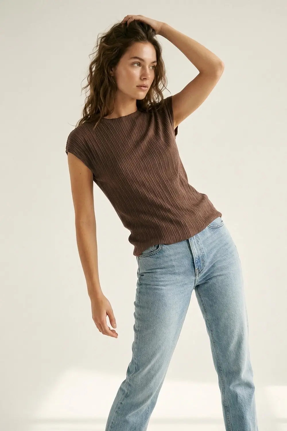 Brown Ribbed Knit Cap Sleeve Top - BROWN / ONE - Sweaters
