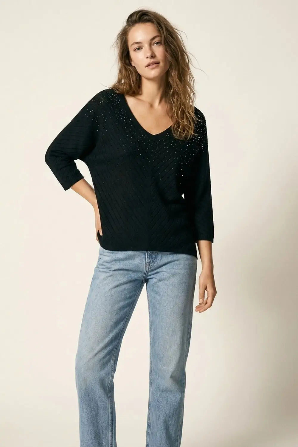 Black Embellished V-Neck Knit Top with Flared Silhouette - BLACK / ONE - Sweaters