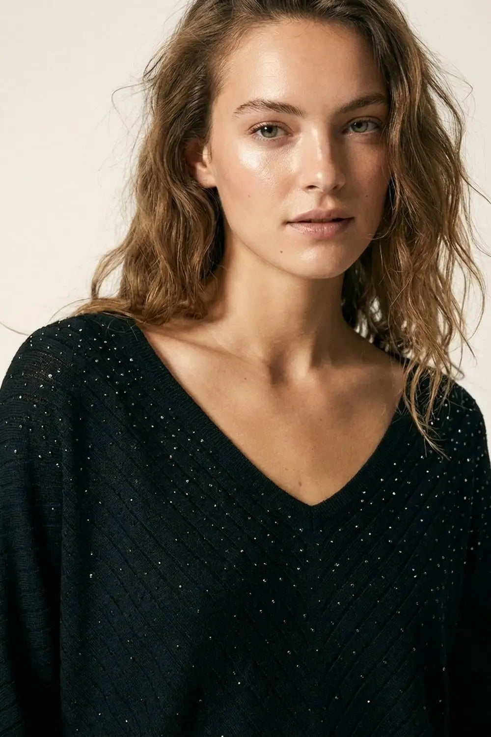 Black Embellished V-Neck Knit Top with Flared Silhouette - BLACK / ONE - Sweaters