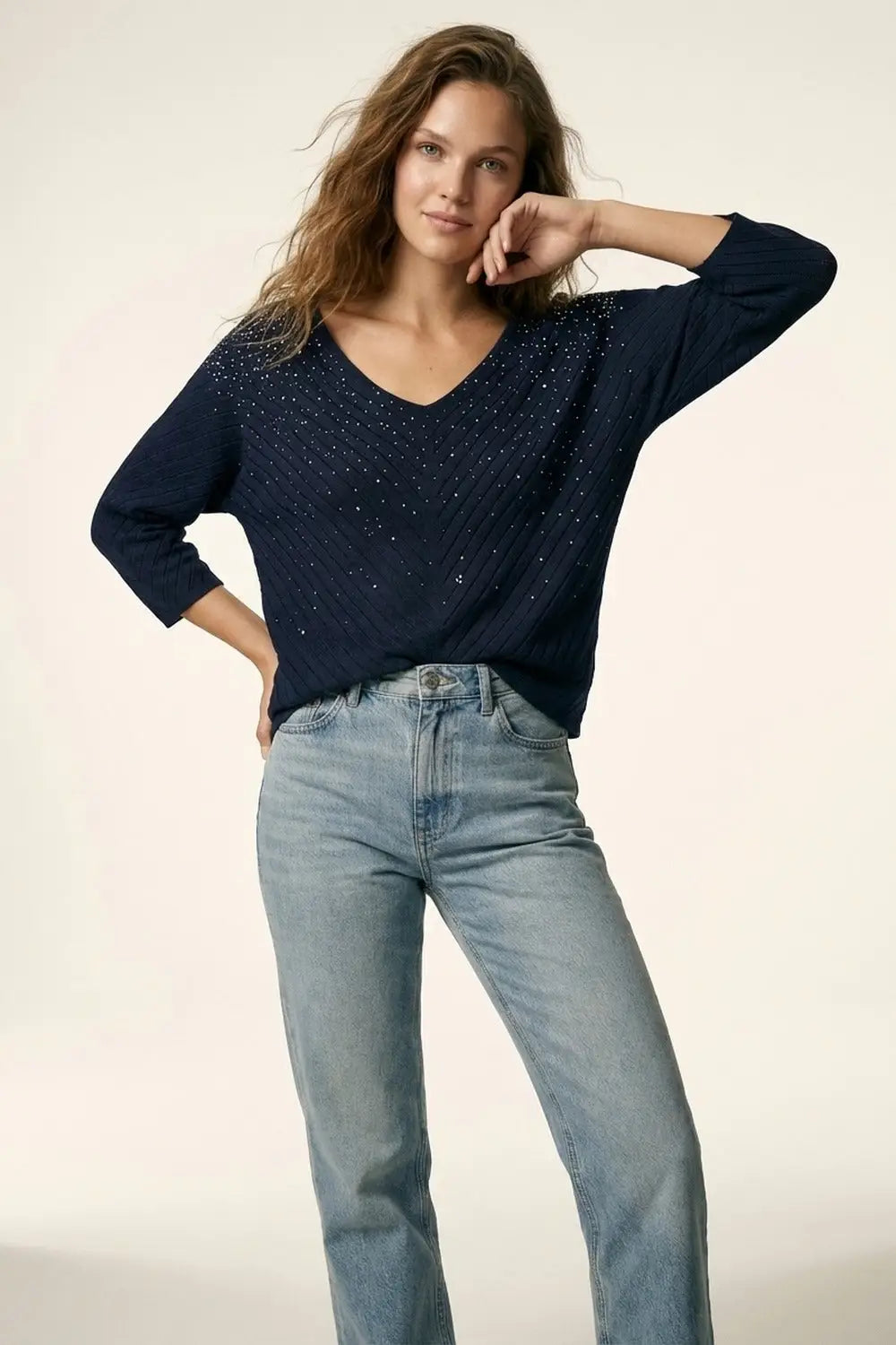 Navy V-Neck Embellished Knit Sweater Top - NAVY / ONE - Sweaters