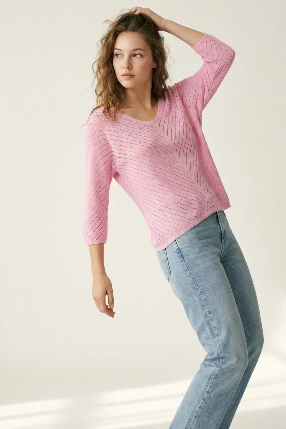 Pink V-Neck Lightweight Knit Sweater with Bead Detail - PINK / ONE - Sweaters