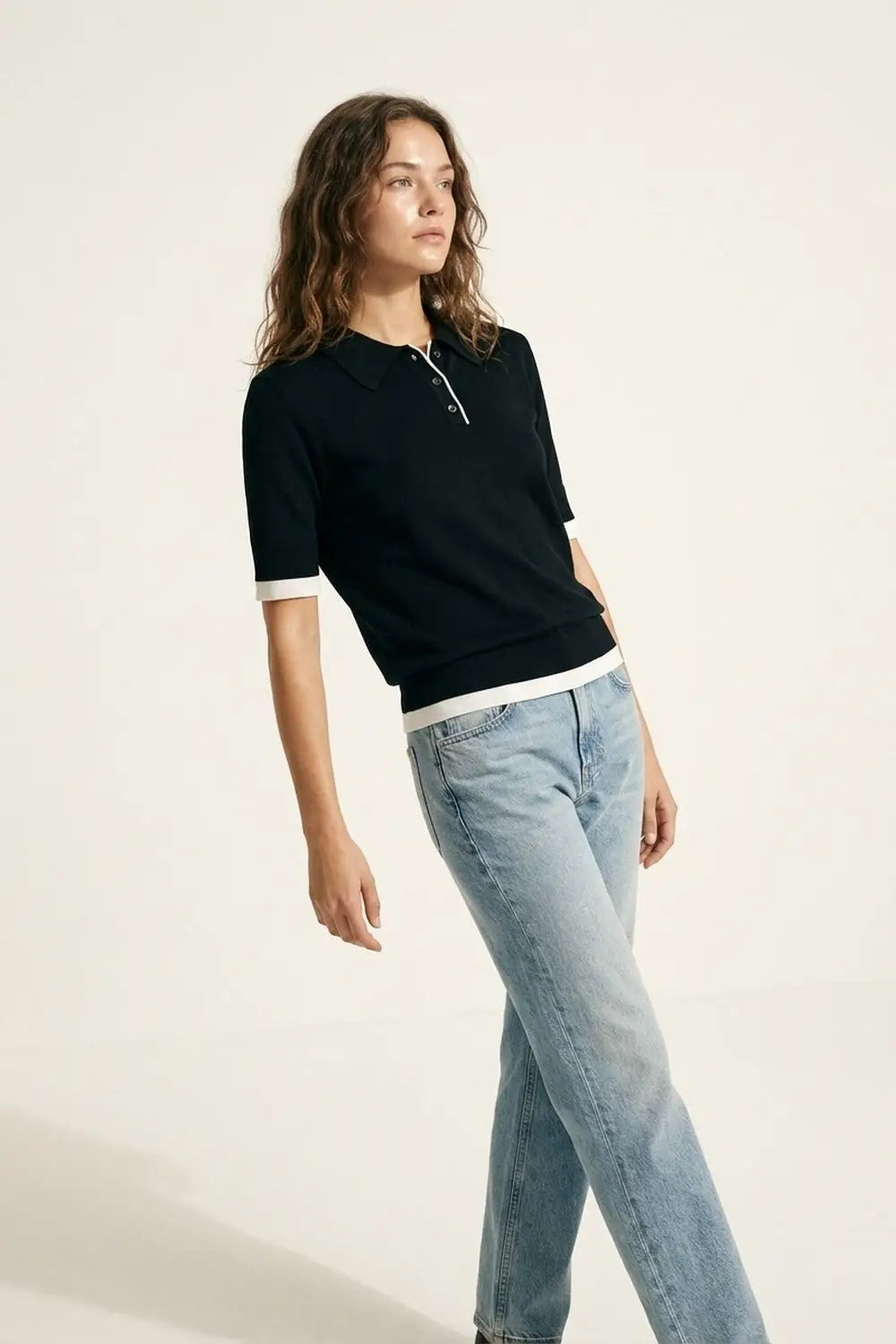 Black Short Sleeve Polo with White Trim Details - BLACK / ONE - Polos