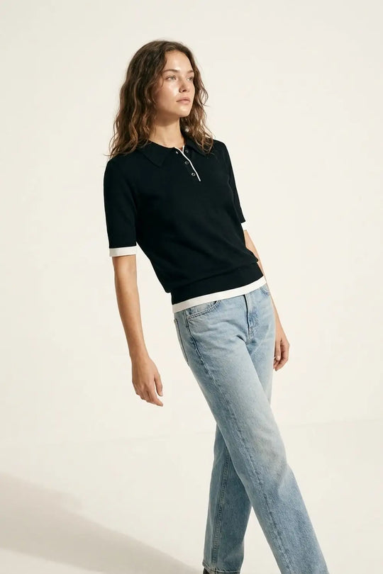 Black Short Sleeve Polo with White Trim Details - BLACK / ONE - Polos