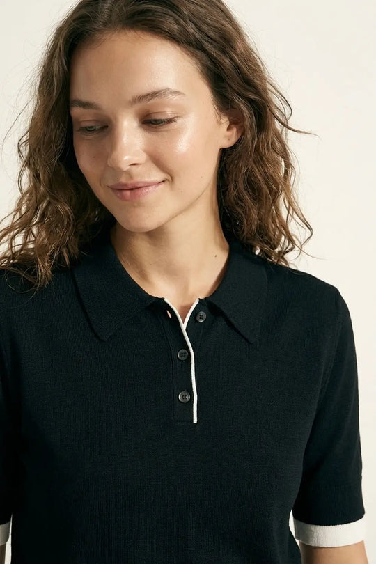 Black Short Sleeve Polo with White Trim Details - BLACK / ONE - Polos