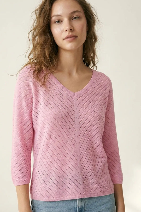 Pink V-Neck Lightweight Knit Sweater with Bead Detail - PINK / ONE - Sweaters