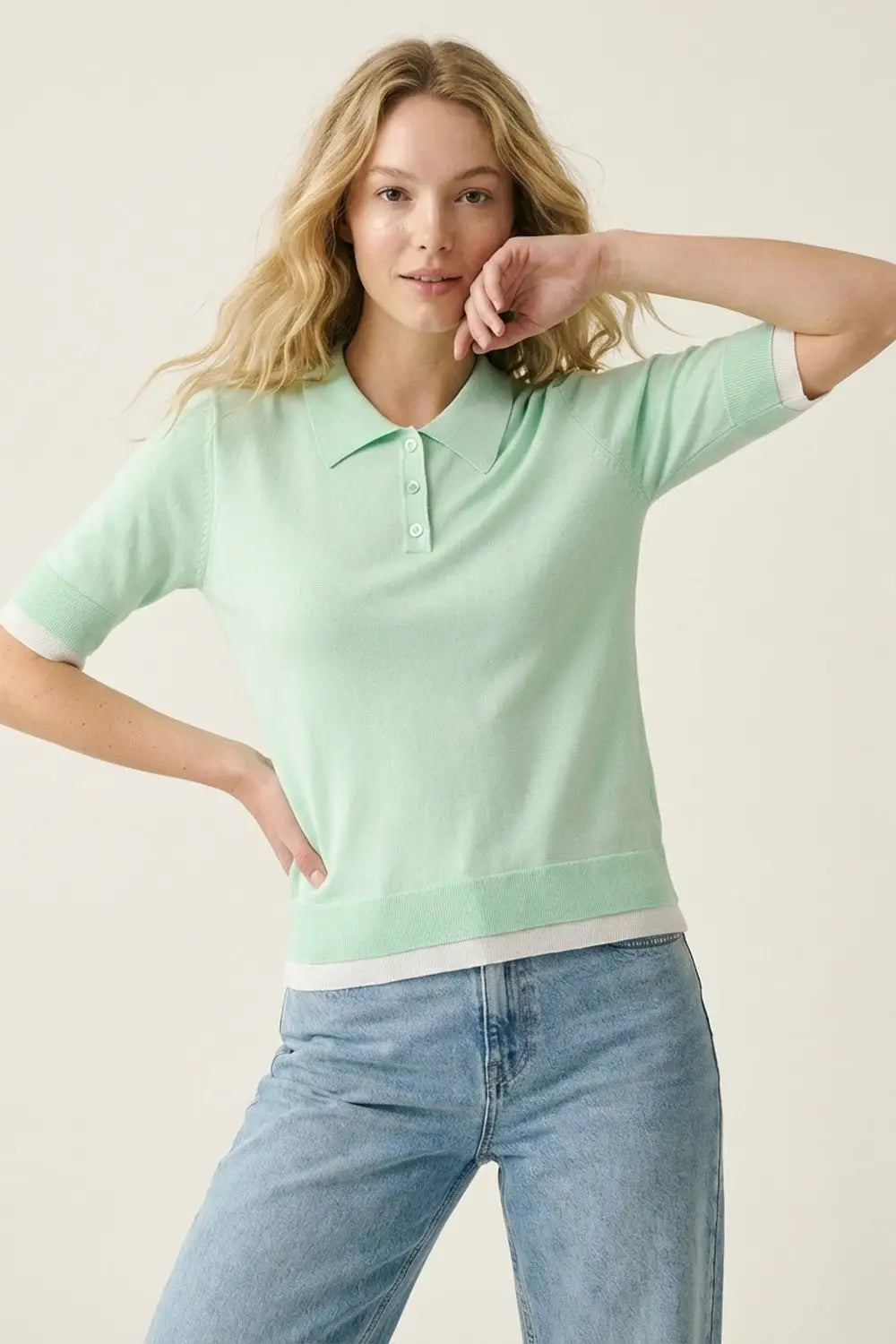 Mint Green Polo Knit Short Sleeve Sweater - GREEN / ONE - Polos