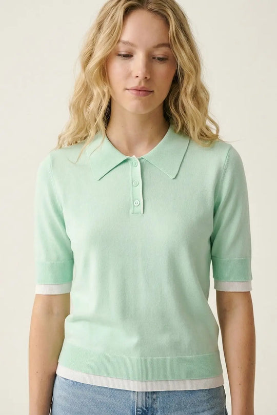Mint Green Polo Knit Short Sleeve Sweater - GREEN / ONE - Polos