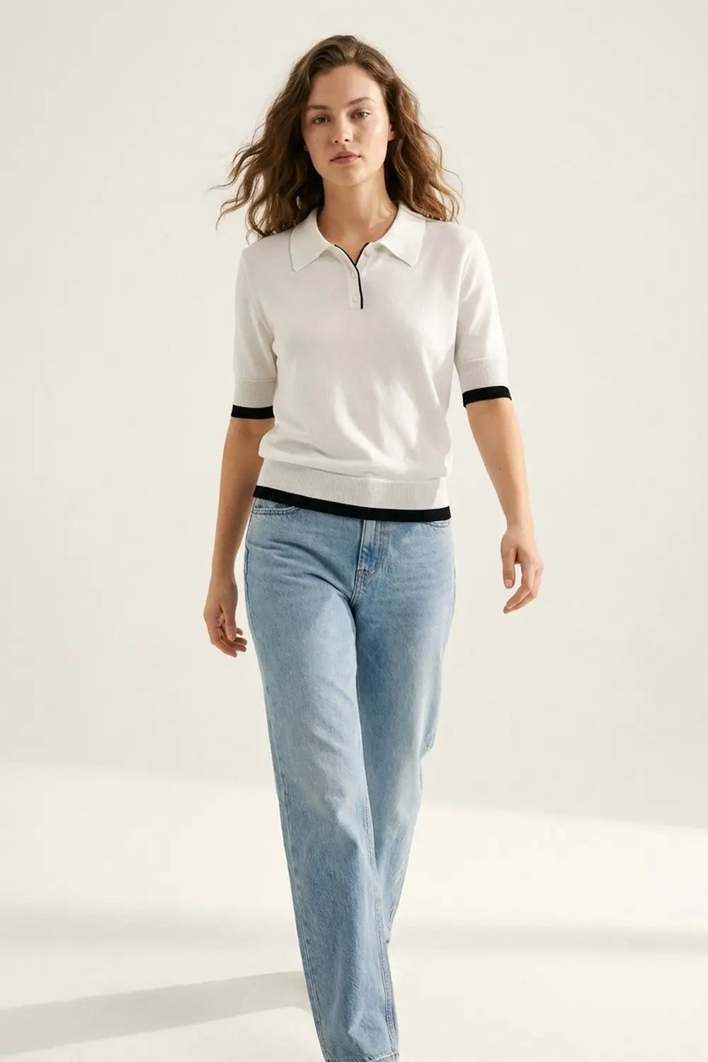 White Polo Sweater with Black Trim Detail - WHITE / ONE - Polos