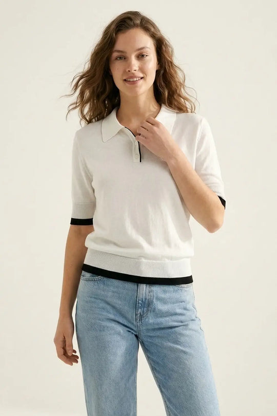 White Polo Sweater with Black Trim Detail - WHITE / ONE - Polos