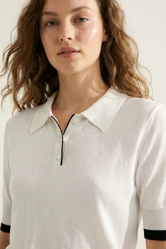 White Polo Sweater with Black Trim Detail - WHITE / ONE - Polos