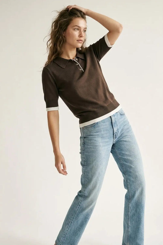 Brown Short Sleeve Polo Sweater with Contrast Trim - BROWN / ONE - Polos