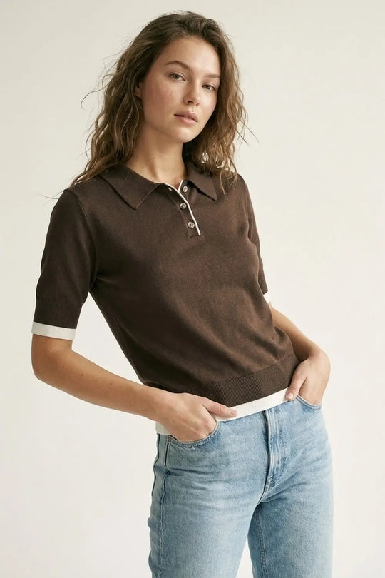 Brown Short Sleeve Polo Sweater with Contrast Trim - BROWN / ONE - Polos