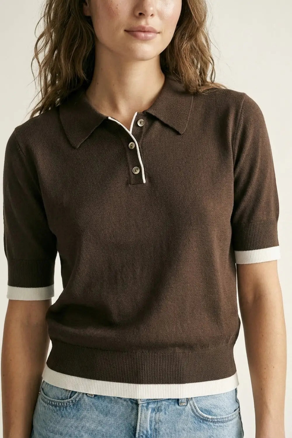 Brown Short Sleeve Polo Sweater with Contrast Trim - BROWN / ONE - Polos