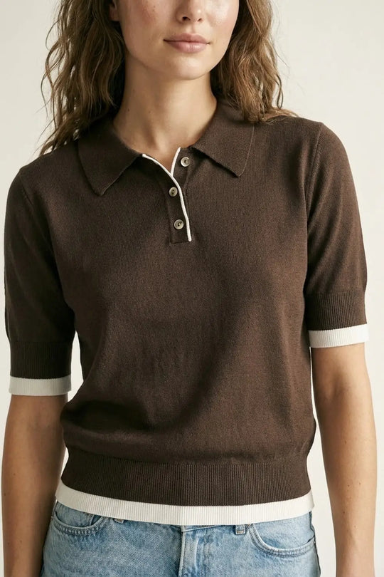 Brown Short Sleeve Polo Sweater with Contrast Trim - BROWN / ONE - Polos