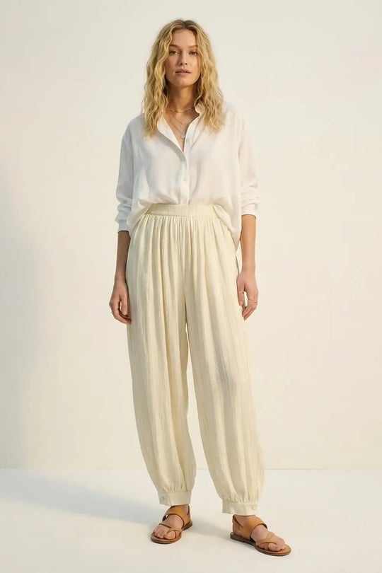 Cream Textured High-Waist Balloon Pants with Buttoned Cuffs - Pants