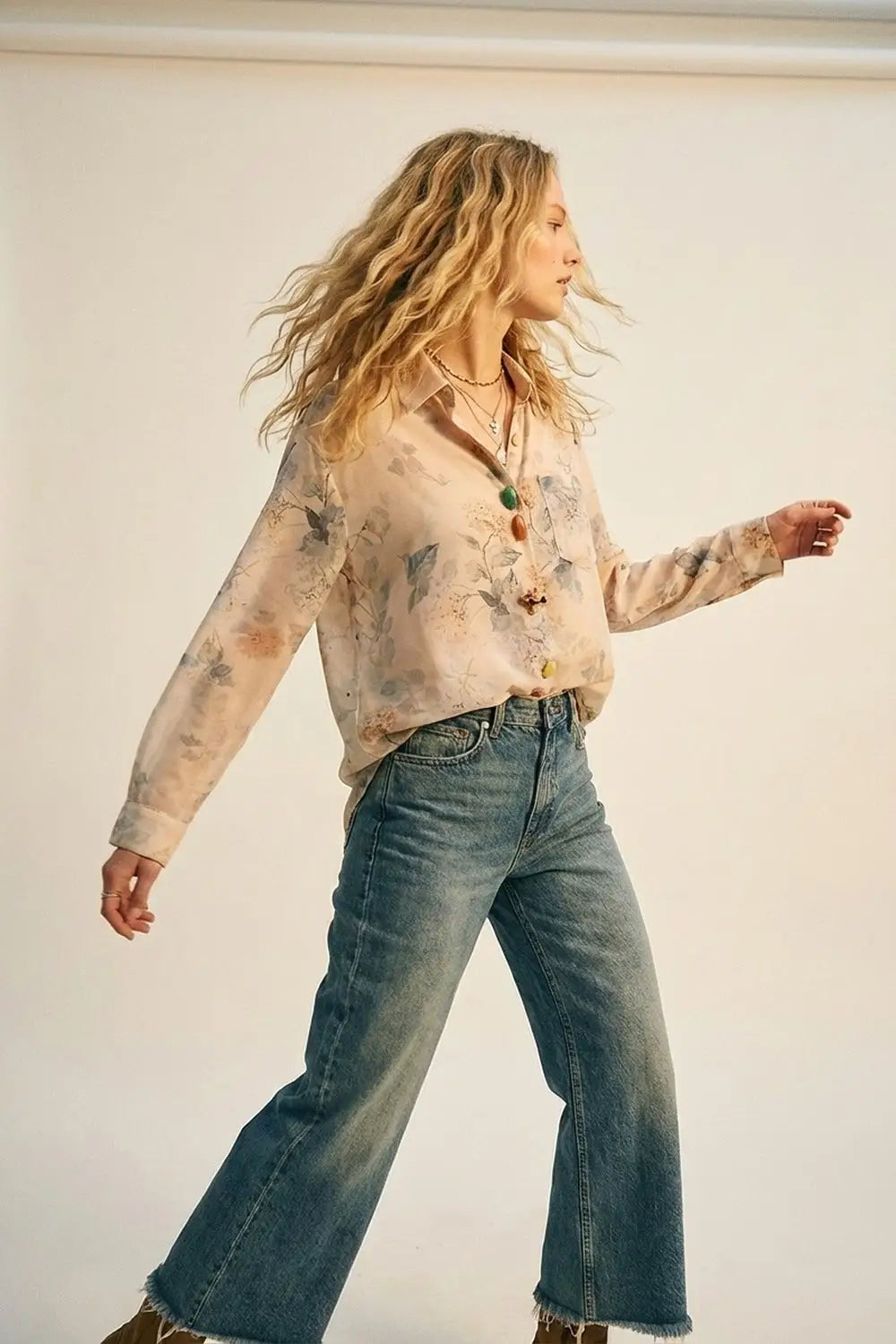 Beige Floral Print Button-Up Sheer Blouse - Shirts