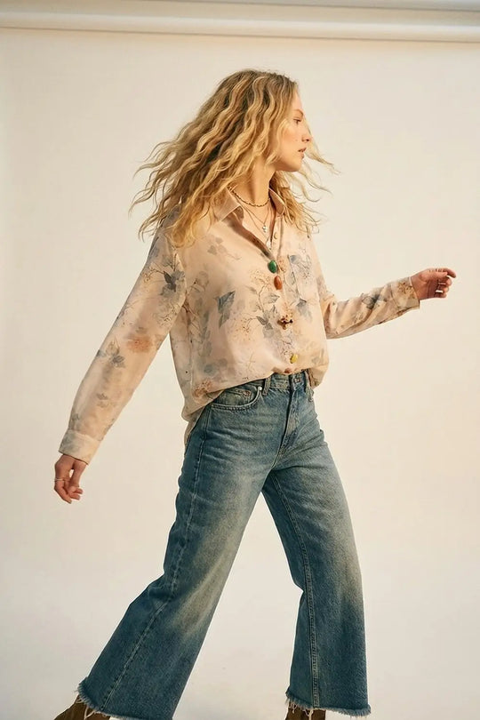Beige Floral Print Button-Up Sheer Blouse - Shirts