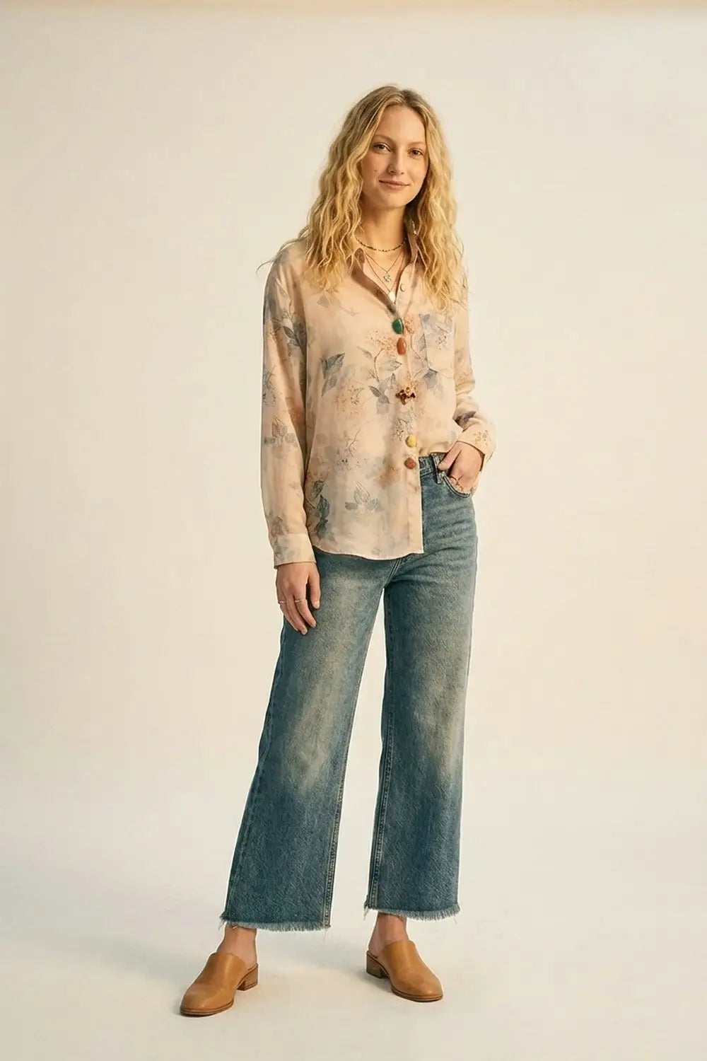 Beige Floral Print Button-Up Sheer Blouse - Shirts
