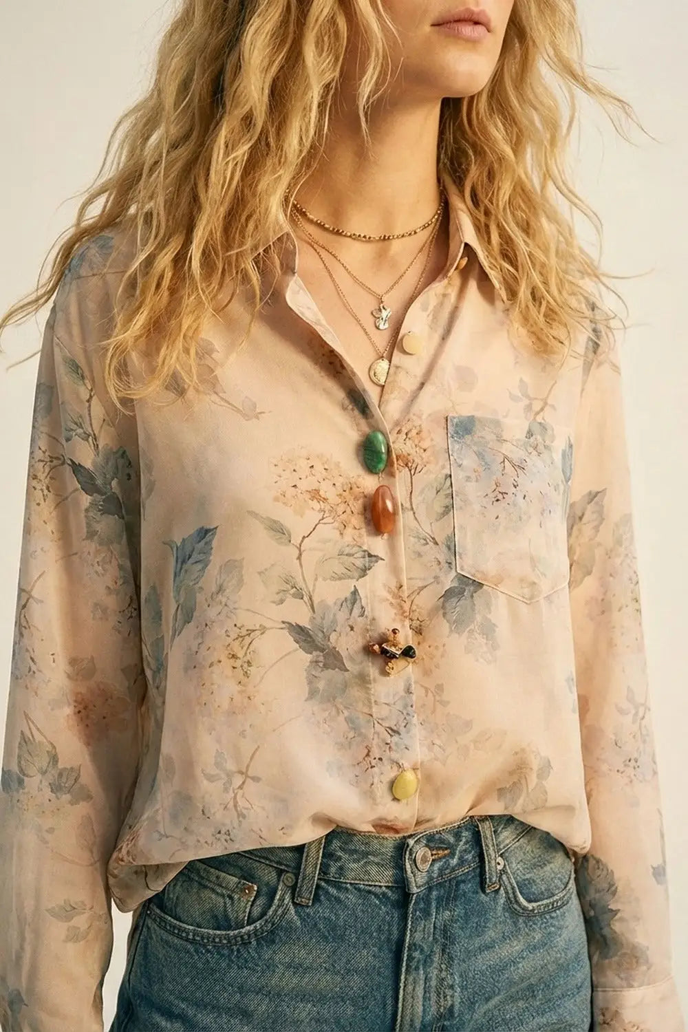 Beige Floral Print Button-Up Sheer Blouse - Shirts