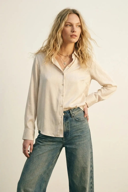 soft fabric Beige Striped Satin Shirt - Shirts