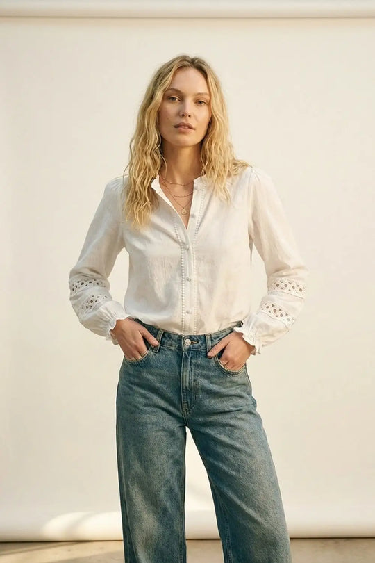 Lace chrochet Detail Button-Front Blouse in white - Shirts